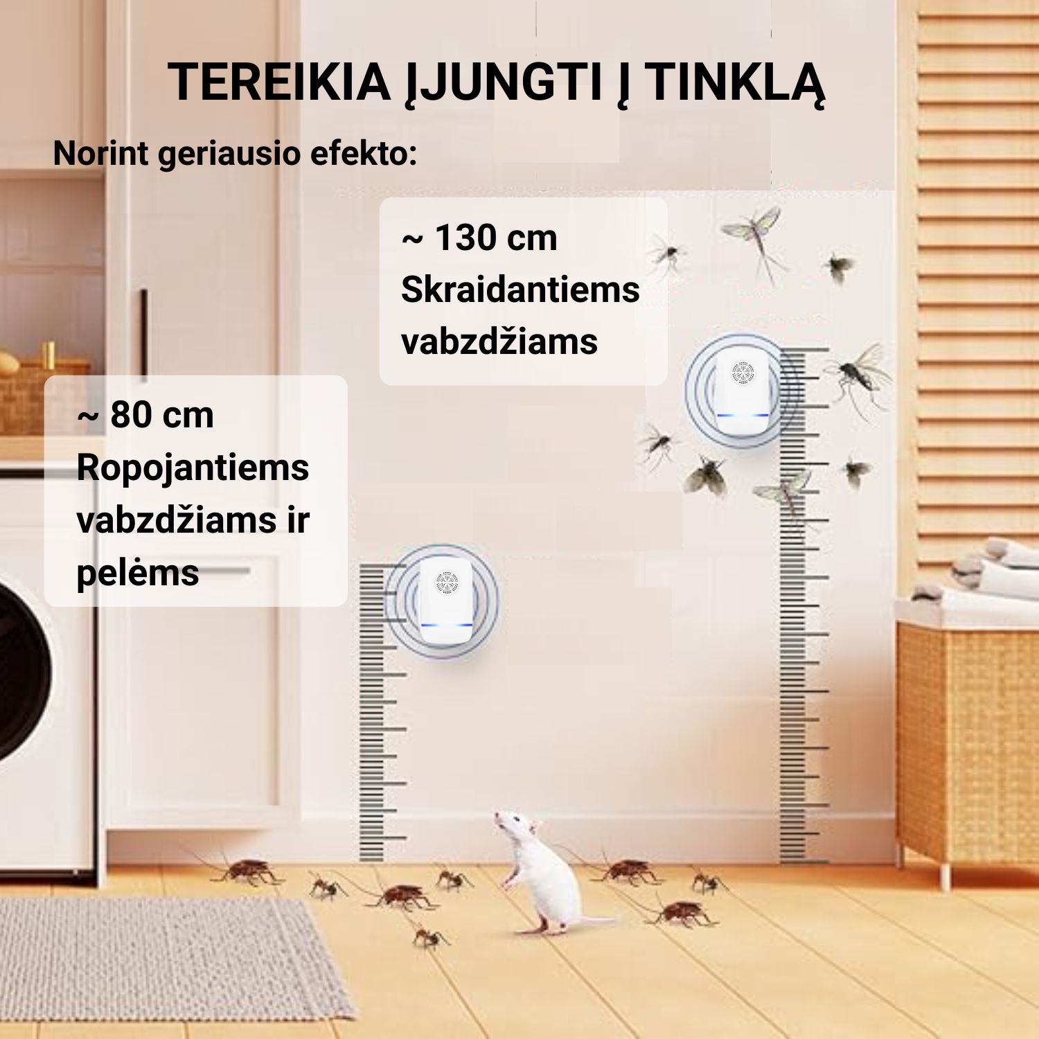 Pelėms ir vabzdžiams skirtas repeleris su LED lempute, prijungtas prie sienos